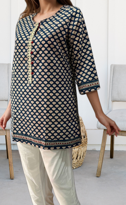 Navy Blue Motif Jaipuri Cotton Short Kurti. Pure Versatile Cotton. | Laces and Frills