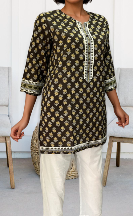 Brown/Mehndi Green Flora Jaipuri Cotton Short Kurti. Pure Versatile Cotton. | Laces and Frills