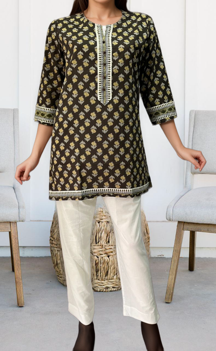 Brown/Mehndi Green Flora Jaipuri Cotton Short Kurti. Pure Versatile Cotton. | Laces and Frills