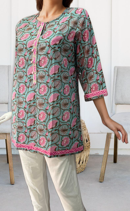 Sea Green/Pink Garden Jaipuri Cotton Short Kurti. Pure Versatile Cotton. | Laces and Frills