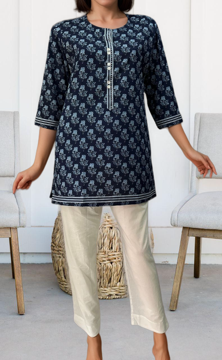 Navy Blue Flora Jaipuri Cotton Short Kurti. Pure Versatile Cotton. | Laces and Frills