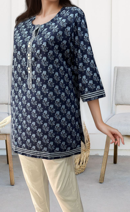 Navy Blue Flora Jaipuri Cotton Short Kurti. Pure Versatile Cotton. | Laces and Frills