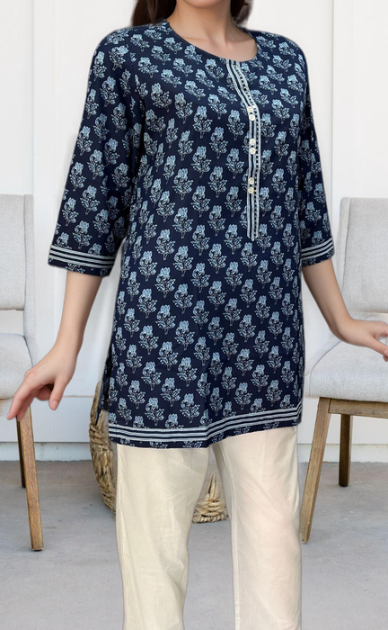 Navy Blue Flora Jaipuri Cotton Short Kurti. Pure Versatile Cotton. | Laces and Frills