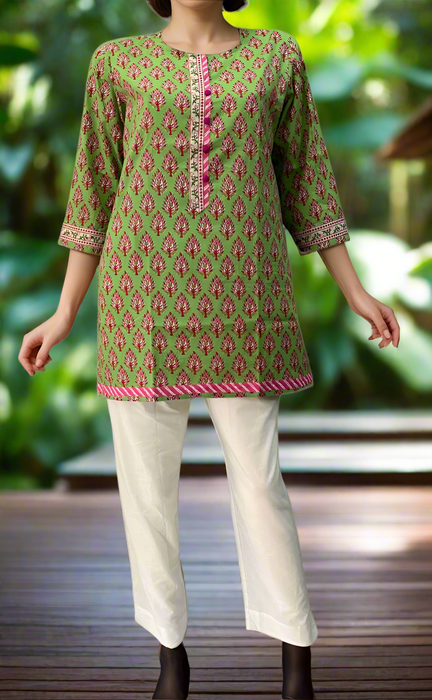 Green/Pink Flora Jaipuri Cotton Short Kurti. Pure Versatile Cotton. | Laces and Frills