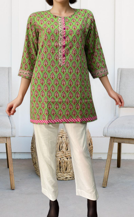 Green/Pink Flora Jaipuri Cotton Short Kurti. Pure Versatile Cotton. | Laces and Frills