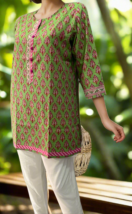 Green/Pink Flora Jaipuri Cotton Short Kurti. Pure Versatile Cotton. | Laces and Frills