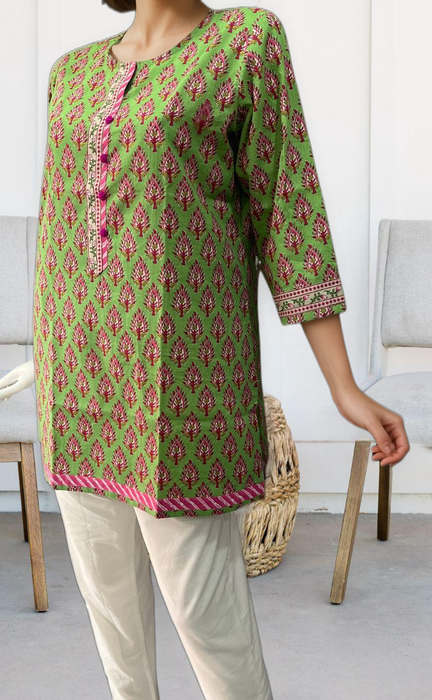 Green/Pink Flora Jaipuri Cotton Short Kurti. Pure Versatile Cotton. | Laces and Frills