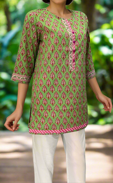 Green/Pink Flora Jaipuri Cotton Short Kurti. Pure Versatile Cotton. | Laces and Frills