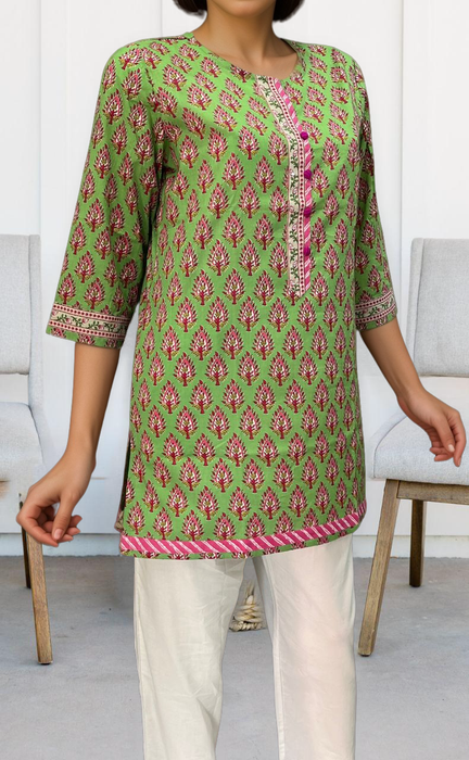 Green/Pink Flora Jaipuri Cotton Short Kurti. Pure Versatile Cotton. | Laces and Frills