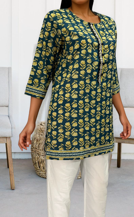 Prussian Blue Flora Jaipuri Cotton Short Kurti. Pure Versatile Cotton. | Laces and Frills