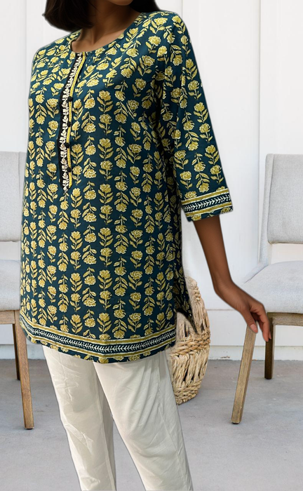 Prussian Blue Flora Jaipuri Cotton Short Kurti. Pure Versatile Cotton. | Laces and Frills