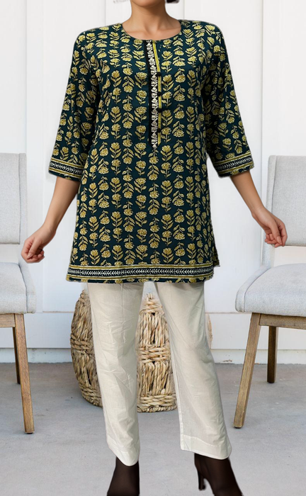 Prussian Blue Flora Jaipuri Cotton Short Kurti. Pure Versatile Cotton. | Laces and Frills