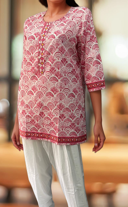 Pink Abstract Jaipuri Cotton Short Kurti. Pure Versatile Cotton. | Laces and Frills