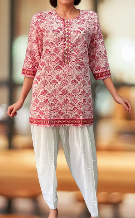 Pink Abstract Jaipuri Cotton Short Kurti. Pure Versatile Cotton. | Laces and Frills