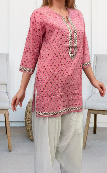 Pink Tiny Flora Jaipuri Cotton Short Kurti. Pure Versatile Cotton. | Laces and Frills