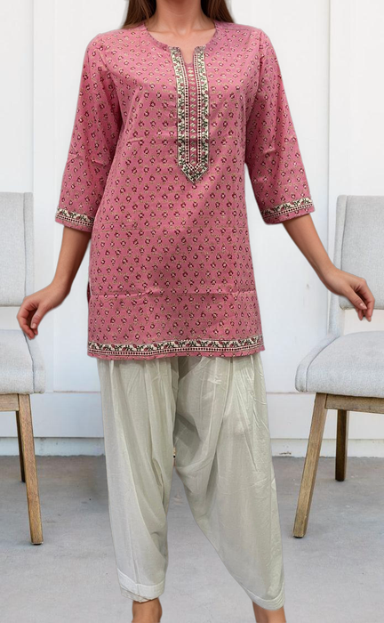 Pink Tiny Flora Jaipuri Cotton Short Kurti. Pure Versatile Cotton. | Laces and Frills