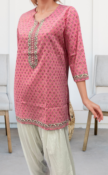 Pink Tiny Flora Jaipuri Cotton Short Kurti. Pure Versatile Cotton. | Laces and Frills