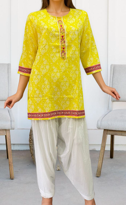 Yellow Garden Jaipuri Cotton Short Kurti. Pure Versatile Cotton. | Laces and Frills