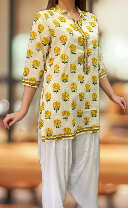 Off White/Yellow Garden Jaipuri Cotton Short Kurti. Pure Versatile Cotton. | Laces and Frills