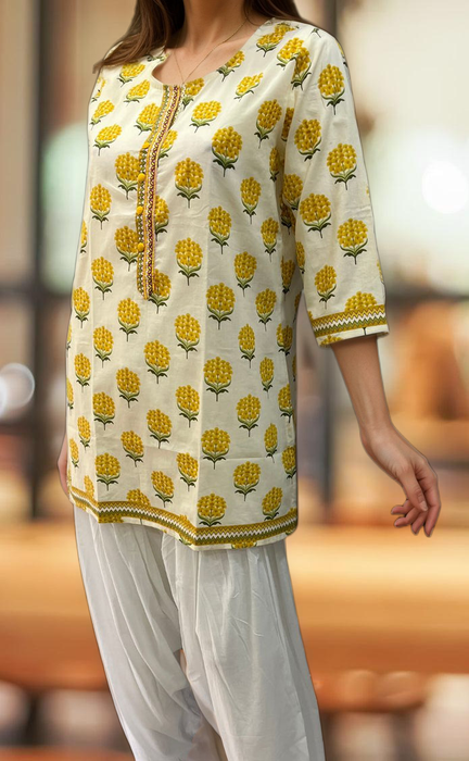 Off White/Yellow Garden Jaipuri Cotton Short Kurti. Pure Versatile Cotton. | Laces and Frills