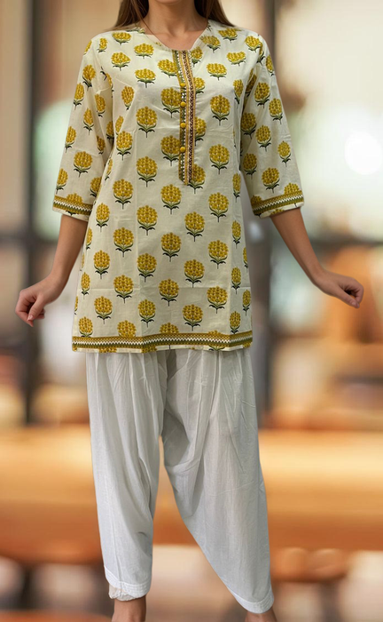 Off White/Yellow Garden Jaipuri Cotton Short Kurti. Pure Versatile Cotton. | Laces and Frills