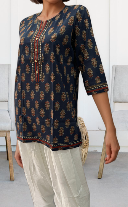 Navy Blue Garden Jaipuri Cotton Short Kurti. Pure Versatile Cotton. | Laces and Frills