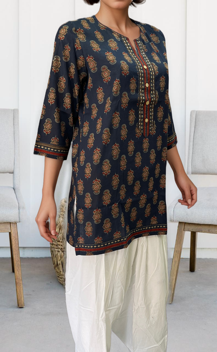 Navy Blue Garden Jaipuri Cotton Short Kurti. Pure Versatile Cotton. | Laces and Frills