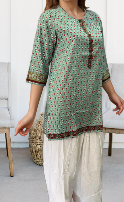 Sea Green Flora Jaipuri Cotton Short Kurti. Pure Versatile Cotton. | Laces and Frills