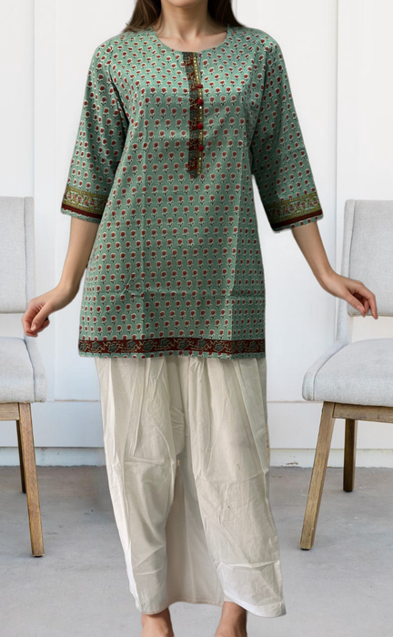 Sea Green Flora Jaipuri Cotton Short Kurti. Pure Versatile Cotton. | Laces and Frills