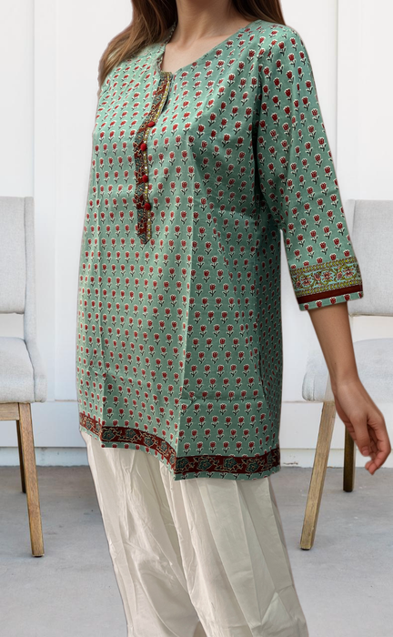 Sea Green Flora Jaipuri Cotton Short Kurti. Pure Versatile Cotton. | Laces and Frills