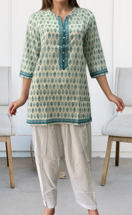 White/Sea Green Motif Jaipuri Cotton Short Kurti. Pure Versatile Cotton. | Laces and Frills