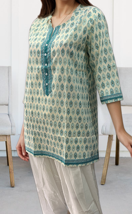 White/Sea Green Motif Jaipuri Cotton Short Kurti. Pure Versatile Cotton. | Laces and Frills