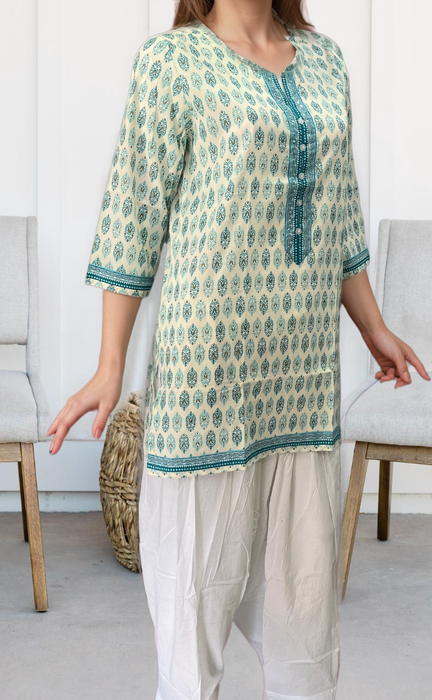 White/Sea Green Motif Jaipuri Cotton Short Kurti. Pure Versatile Cotton. | Laces and Frills