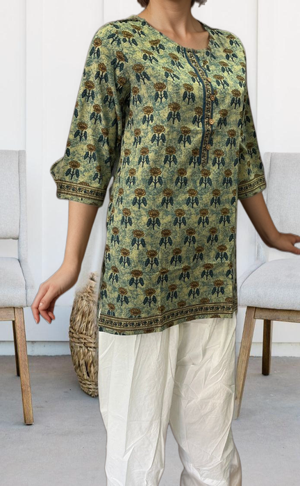 Dark Green/Pista Green Floral Jaipuri Cotton Short Kurti. Pure Versatile Cotton. | Laces and Frills