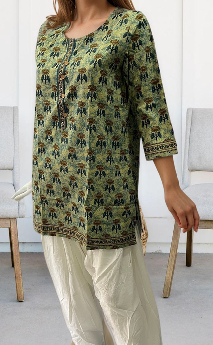 Dark Green/Pista Green Floral Jaipuri Cotton Short Kurti. Pure Versatile Cotton. | Laces and Frills