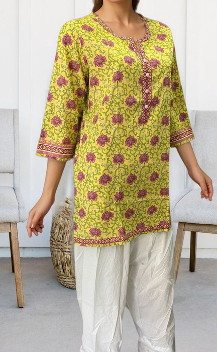 Yellow/Pink Garden Jaipuri Cotton Short Kurti. Pure Versatile Cotton. | Laces and Frills