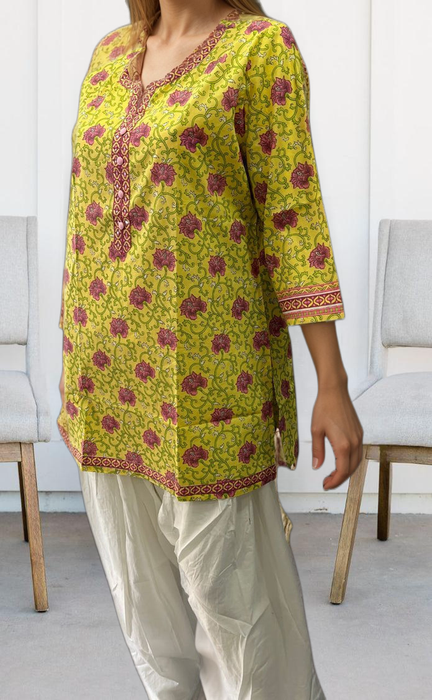 Yellow/Pink Garden Jaipuri Cotton Short Kurti. Pure Versatile Cotton. | Laces and Frills