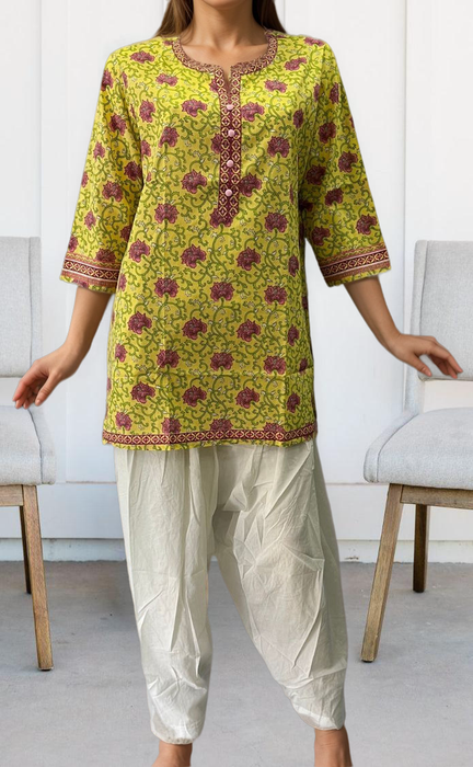 Yellow/Pink Garden Jaipuri Cotton Short Kurti. Pure Versatile Cotton. | Laces and Frills