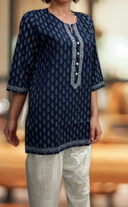 Blue Manga Motif Jaipuri Cotton Short Kurti. Pure Versatile Cotton. | Laces and Frills