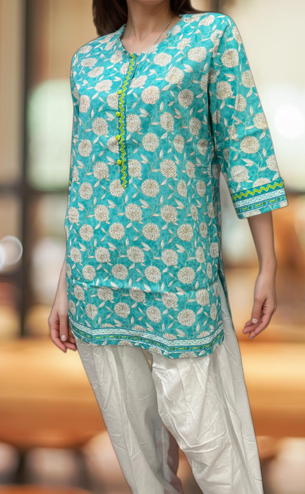 Sea Green Garden Jaipuri Cotton Short Kurti. Pure Versatile Cotton. | Laces and Frills