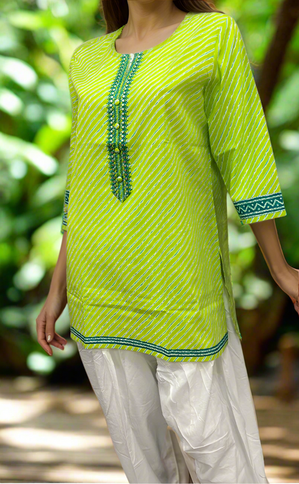 Green Stripes Jaipuri Cotton Short Kurti. Pure Versatile Cotton. | Laces and Frills