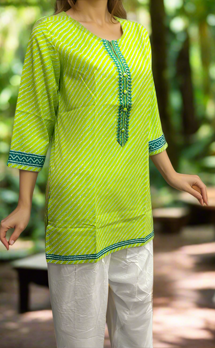 Green Stripes Jaipuri Cotton Short Kurti. Pure Versatile Cotton. | Laces and Frills