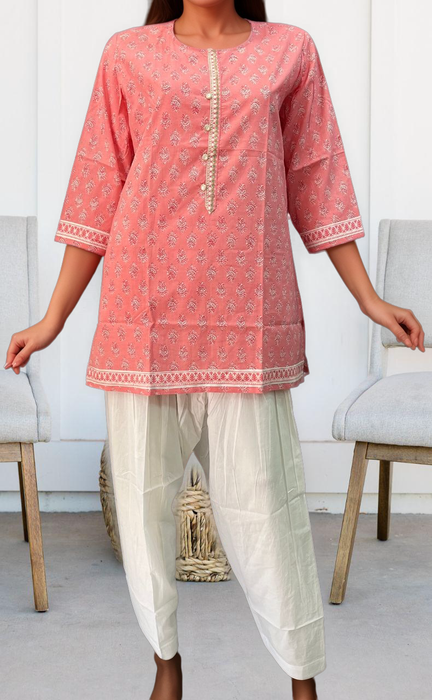 Pink Flora Motif Jaipuri Cotton Short Kurti. Pure Versatile Cotton. | Laces and Frills