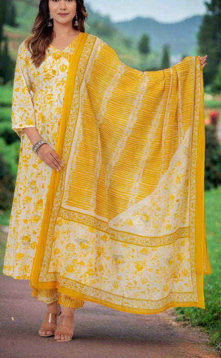 Yellow Floral Jaipur Cotton Kurti With Pant And Dupatta Set.Pure Versatile Cotton. | Laces and Frills