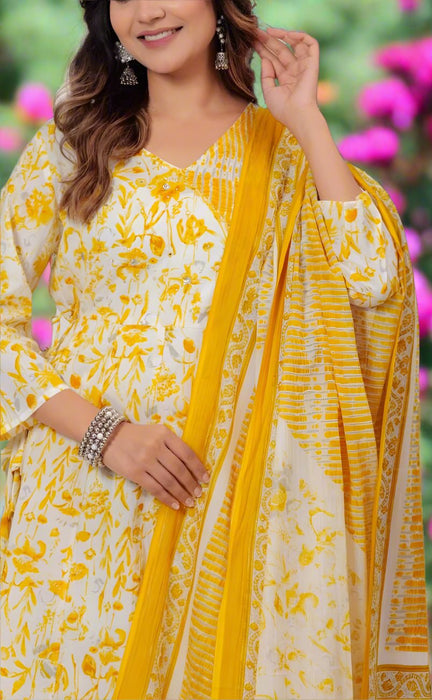 Yellow Floral Jaipur Cotton Kurti With Pant And Dupatta Set.Pure Versatile Cotton. | Laces and Frills