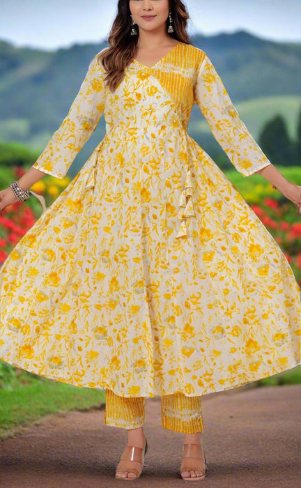 Yellow Floral Jaipur Cotton Kurti With Pant And Dupatta Set.Pure Versatile Cotton. | Laces and Frills