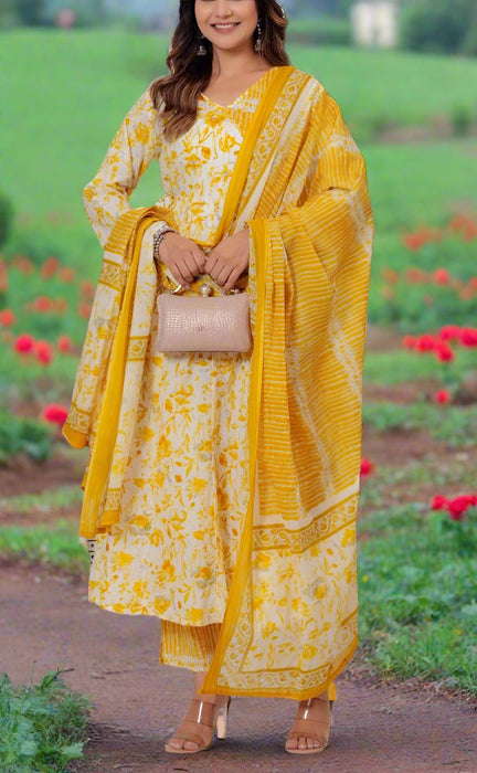 Yellow Floral Jaipur Cotton Kurti With Pant And Dupatta Set.Pure Versatile Cotton. | Laces and Frills