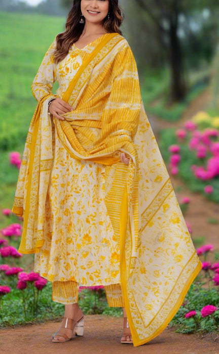 Yellow Floral Jaipur Cotton Kurti With Pant And Dupatta Set.Pure Versatile Cotton. | Laces and Frills