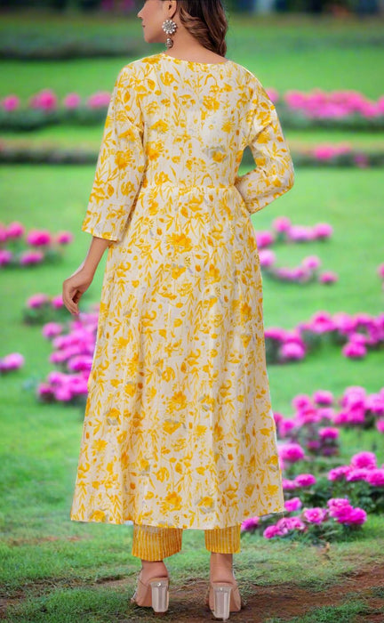 Yellow Floral Jaipur Cotton Kurti With Pant And Dupatta Set.Pure Versatile Cotton. | Laces and Frills