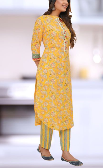 Yellow Floral Jaipur Cotton Kurti With Pant .Pure Versatile Cotton. | Laces and Frills - Laces and Frills